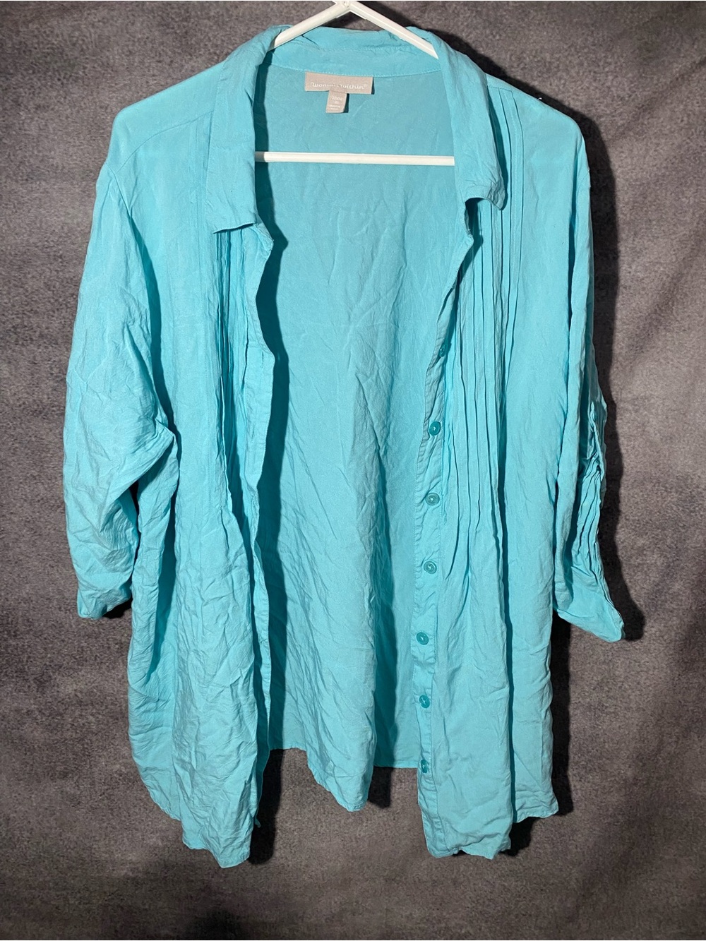 Woman Within Top Turquoise Blue Pintuck Tab Sleeve Rayon Button Front⁠